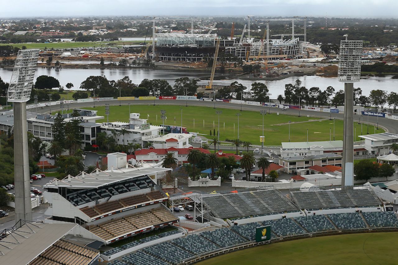 The new stadium under construction across the Swan river, while the WACA sits in the foreground, Perth, Western Australia, June 20, 2016