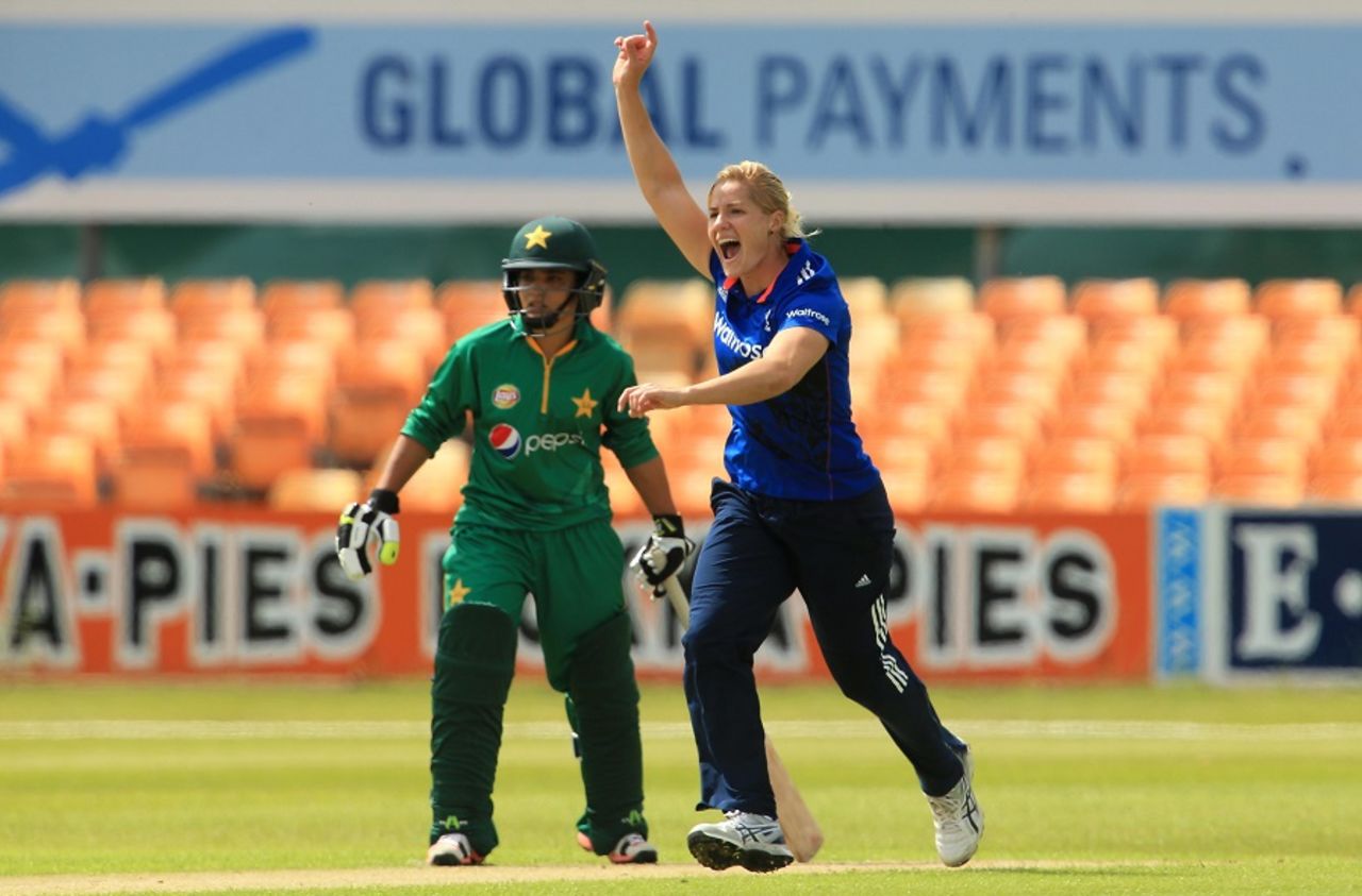Katherine Brunt celebrates after taking one of her two wickets, England Women v Pakistan Women, 1st ODI, Leicester, June 21, 2016