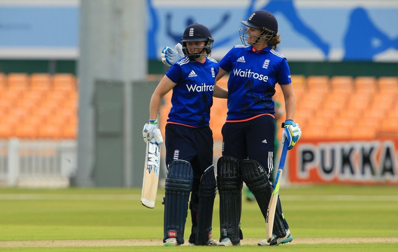 Heather Knight celebrates her half-century with Natalie Sciver, England Women v Pakistan Women, 1st ODI, Leicester, June 21, 2016