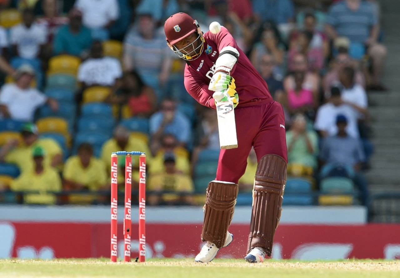 Samuels prepares to loft the ball, West Indies v Australia, 8th match, ODI tri-series, Barbados