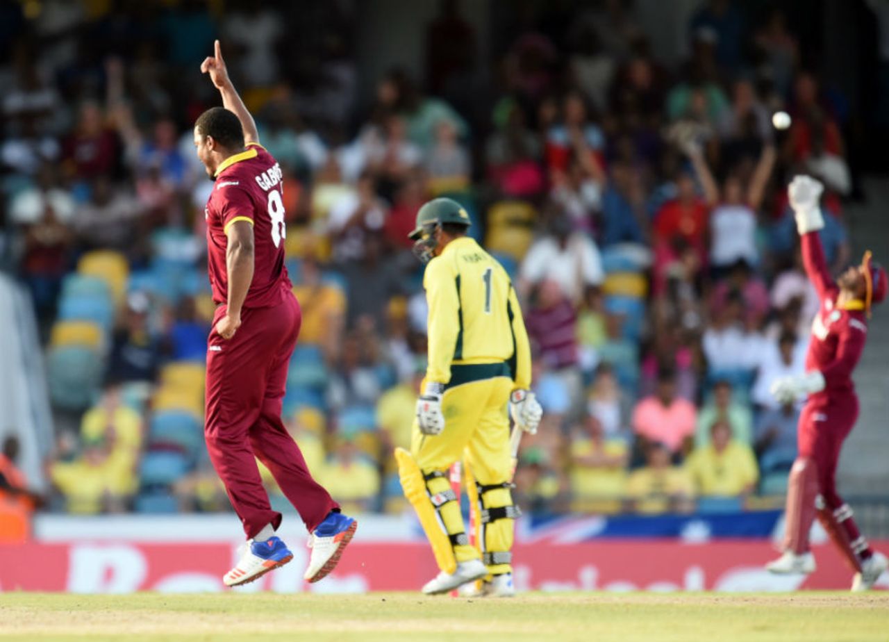 Shannon Gabriel celebrates his maiden ODI wicket, West Indies v Australia, 8th match, ODI tri-series, Barbados