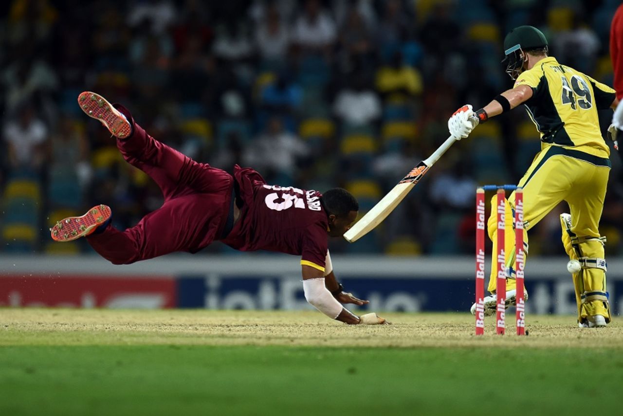 Kieron Pollard dishes out a dive, West Indies v Australia, 8th match, ODI tri-series, Barbados