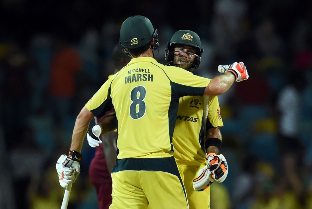Mitchell Marsh and Glenn Maxwell celebrate Australia's win, West Indies v Australia, 8th match, ODI tri-series, Barbados