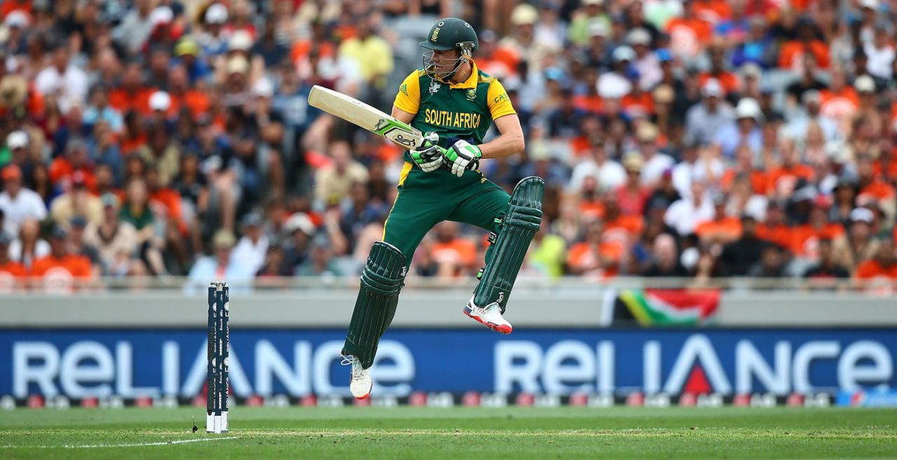 AB de Villiers jumps, New Zealand v South Africa, World Cup 2015, 1st Semi-Final, Auckland, March 24, 2015