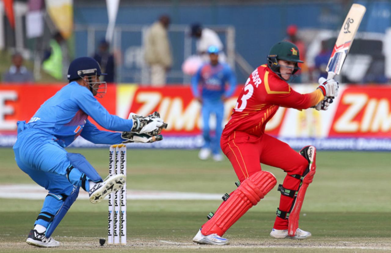 Peter Moor cuts en route to his 26, Zimbabwe v India, 3rd T20I, Harare, June 22, 2016