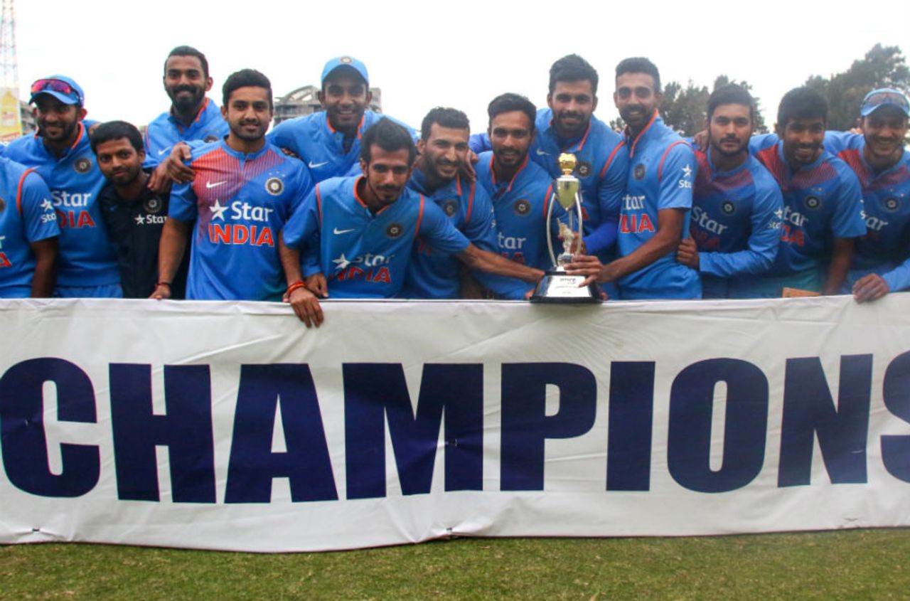 The India T20 squad celebrate the series win, Zimbabwe v India, 3rd T20I, Harare, June 22, 2016