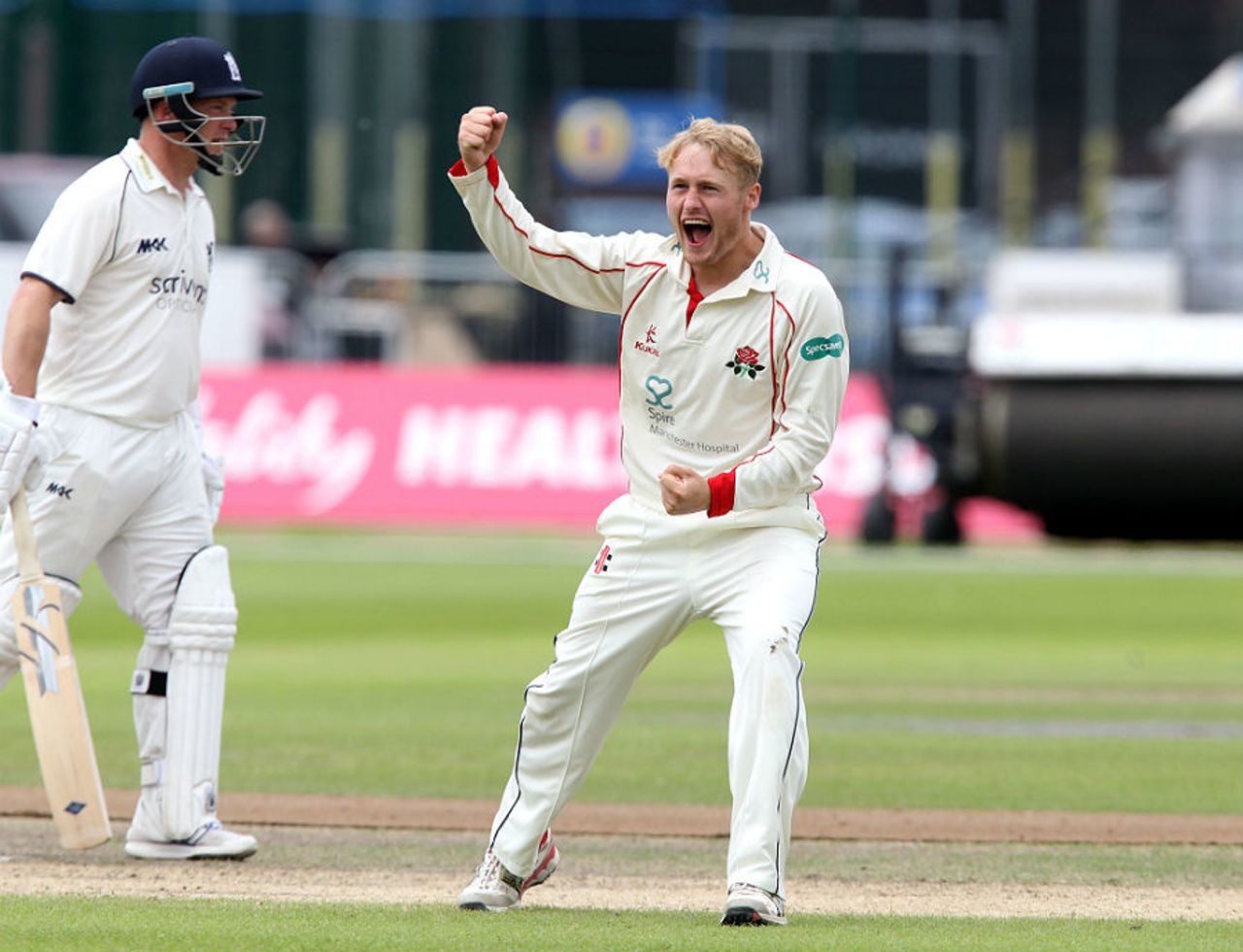 Matt Parkinson celebrates another wicket for Lancashire, Lancashire v Warwickshire, Specsavers County Championship Division One, Old Trafford, 3rd day, June 22, 2016