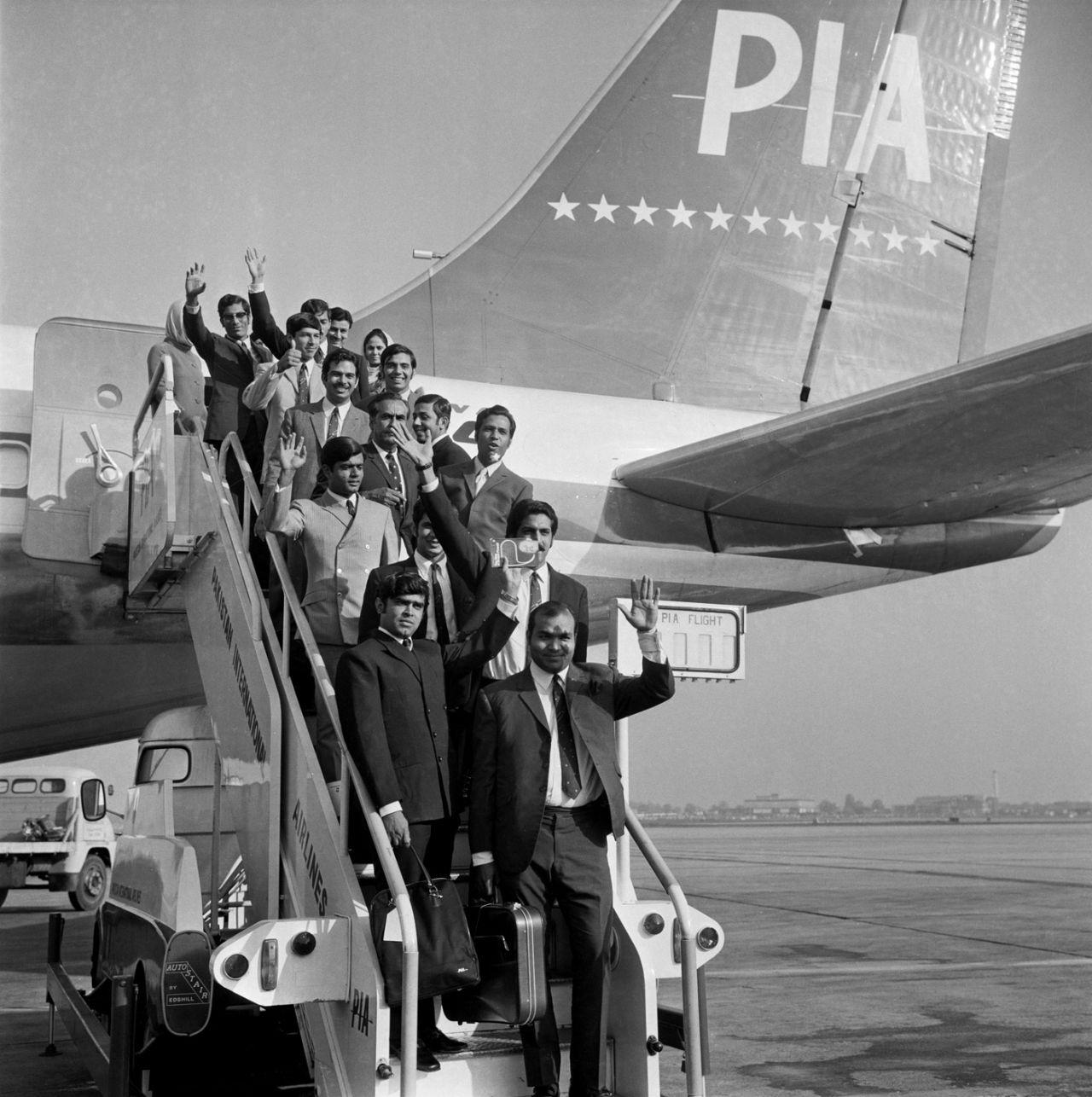 The Pakistan players, led by Intikhab Alam, arrive in England, April 27, 1971
