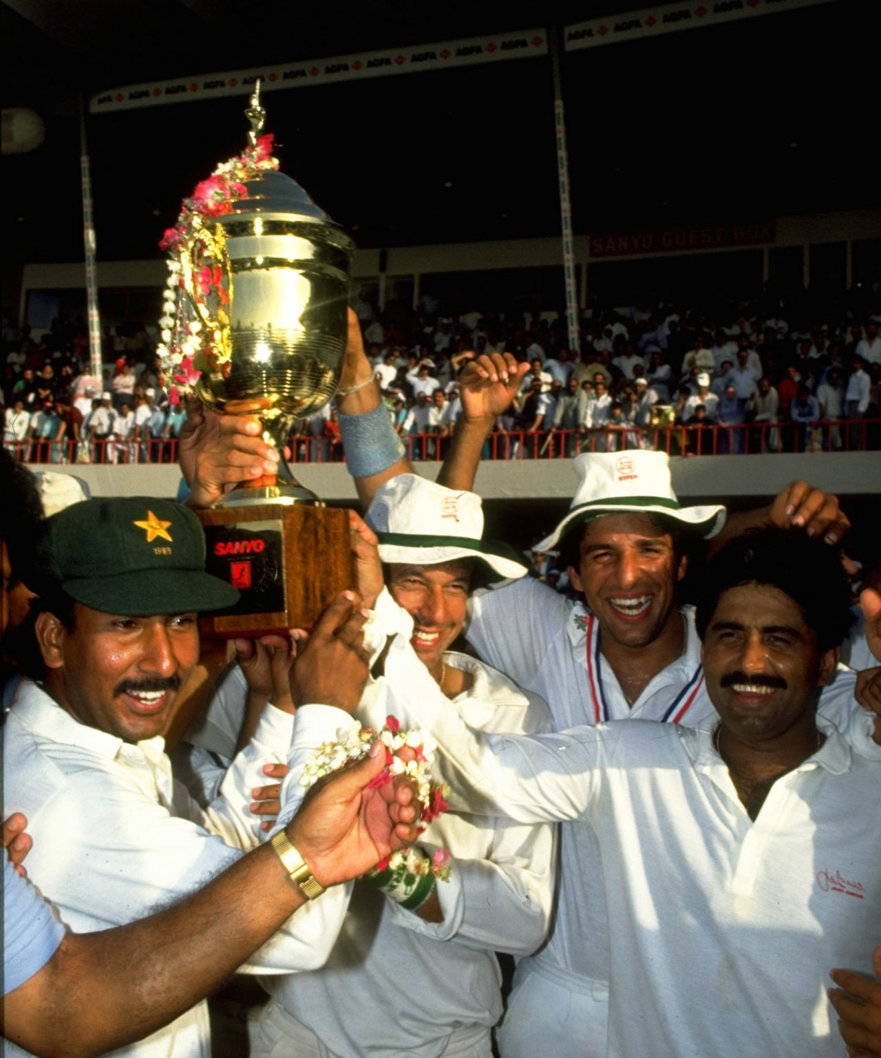 Saleem Malik, Imran Khan, Wasim Akram and Javed Miandad celebrate the win, Australia v Pakistan, Austral-Asia Cup final, Sharjah, May 4, 1990
