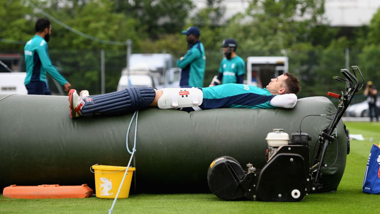 Pumped up? Alex Hales takes it easy while waiting for his turn in the nets, Edgbaston, June 23, 2016