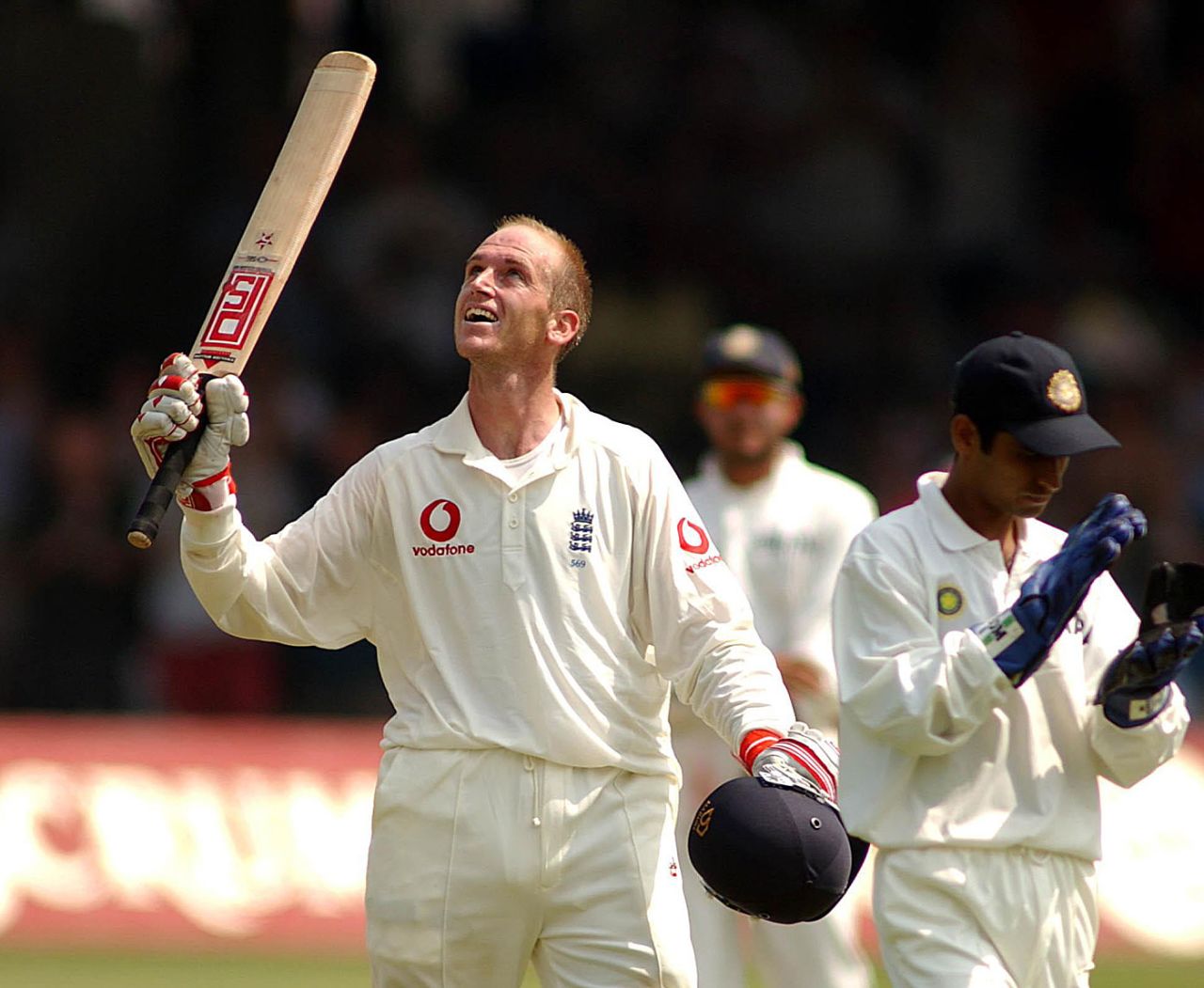 John Crawley celebrates his century, England v India, 1st Test, Lord's, 4th day, July 28, 2002