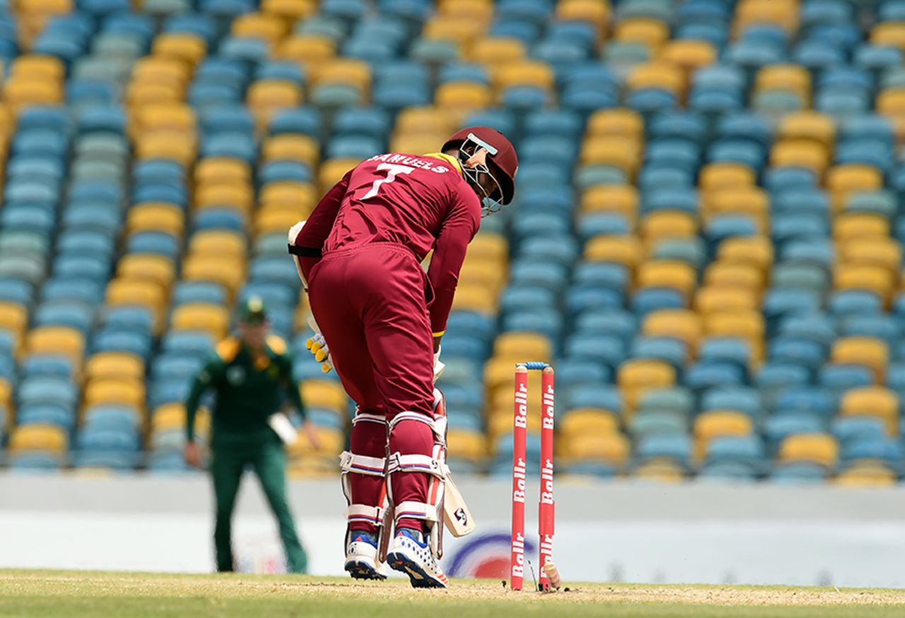 Marlon Samuels was out for a first-ball duck, falling to a scorching yorker from Kagiso Rabada, West Indies v South Africa, ODI tri-series, Bridgetown, June 24, 2016