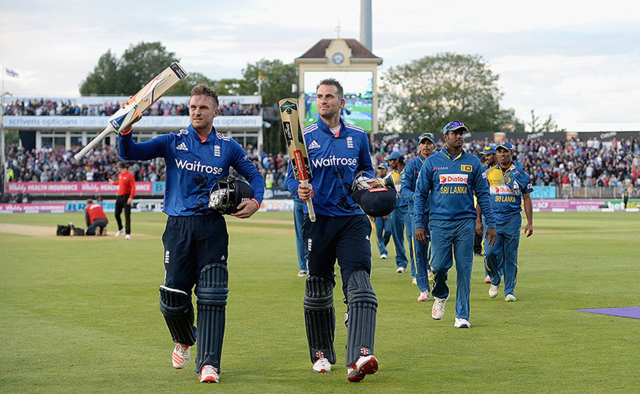 Alex Hales and Jason Roy walk off the field after their record-breaking 256-run stand, England v Sri Lanka, 2nd ODI, Edgbaston, June 24, 2016