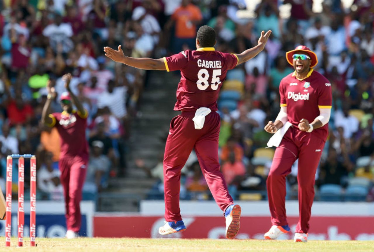 Shannon Gabriel celebrates the wicket of Glenn Maxwell, West Indies v Australia, ODI tri-series final, Barbados, June 26, 2016