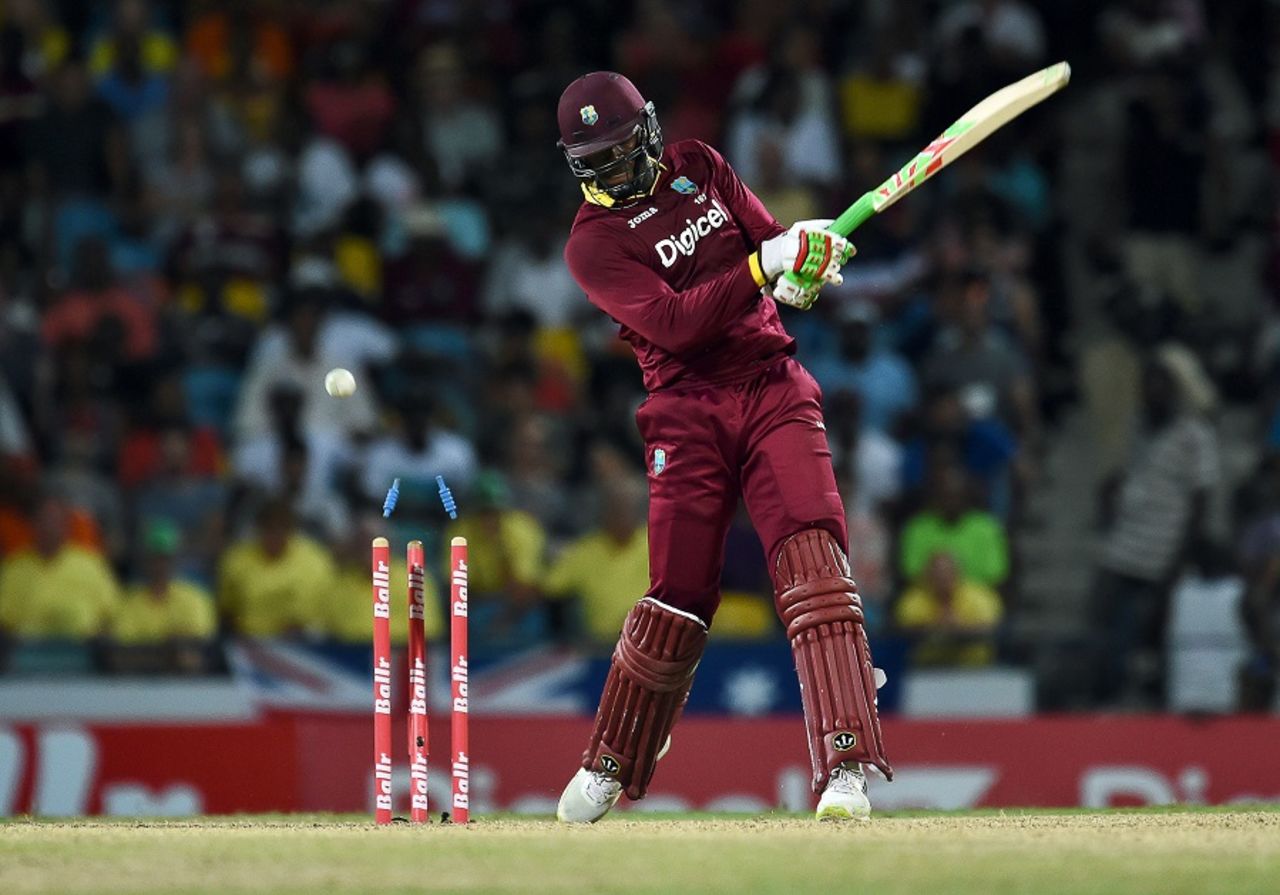 Carlos Brathwaite was bowled for 14, West Indies v Australia, ODI tri-series final, Barbados, June 26, 2016