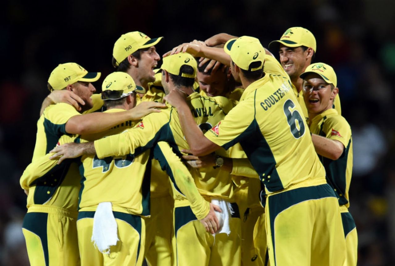Australia celebrate their 58-run win, West Indies v Australia, ODI tri-series final, Barbados, June 26, 2016
