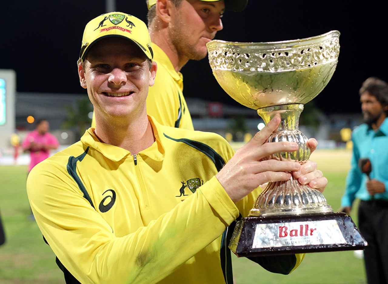 Steven Smith is a happy captain as he poses with the series trophy, West Indies v Australia, ODI tri-series final, Barbados, June 26, 2016