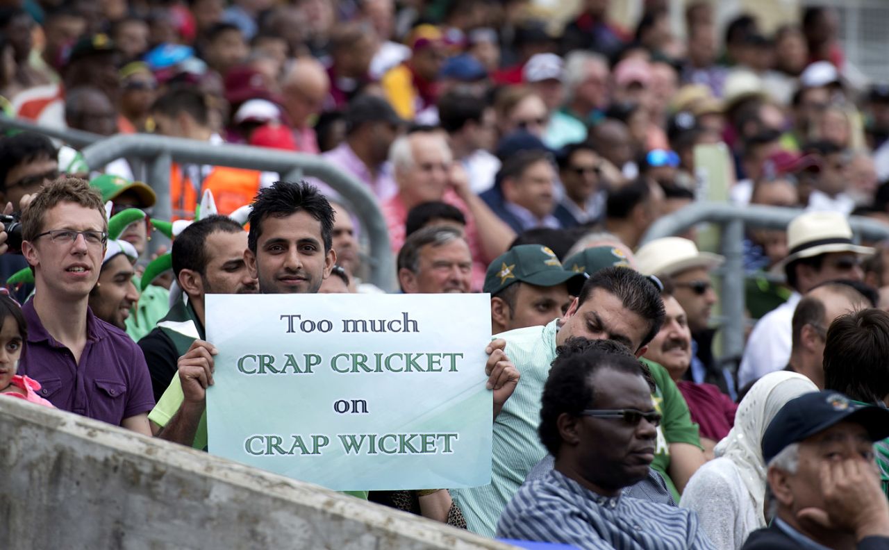 A poster on too much cricket, West Indies v Pakistan, Champions Trophy, Group B, The Oval, June 7, 2013
