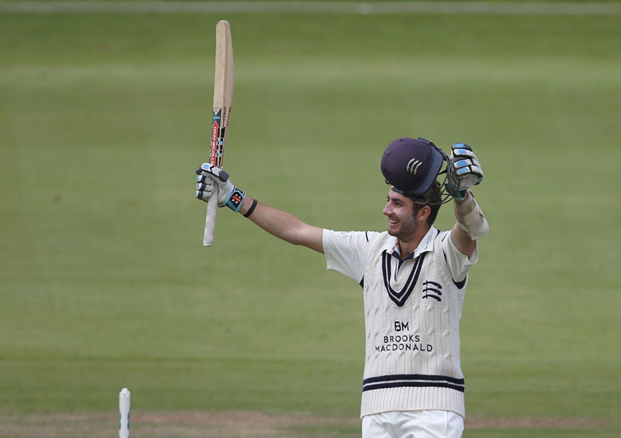 Stevie Eskinazi celebrates his maiden first-class hundred, Middlesex v Lancashire, County Championship, Division One, Lord's, 3rd day, June 28, 2016