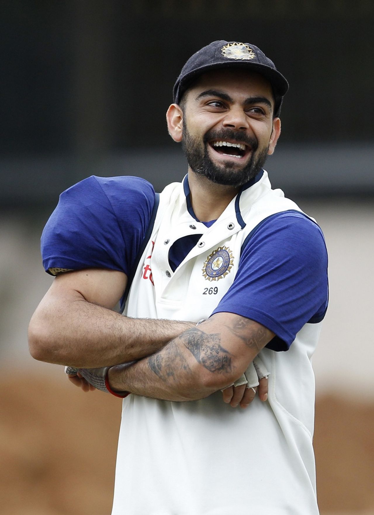 Virat Kohli wears an ice pack on his shoulder after batting in the nets, Bangalore, June 30, 2016