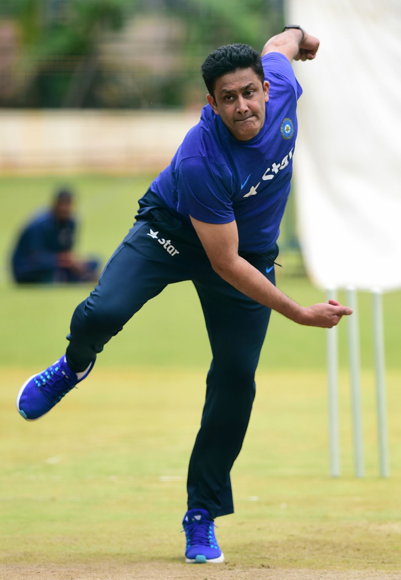 India's new coach Anil Kumble turns his arm over during a training session, Bangalore, June 30, 2016