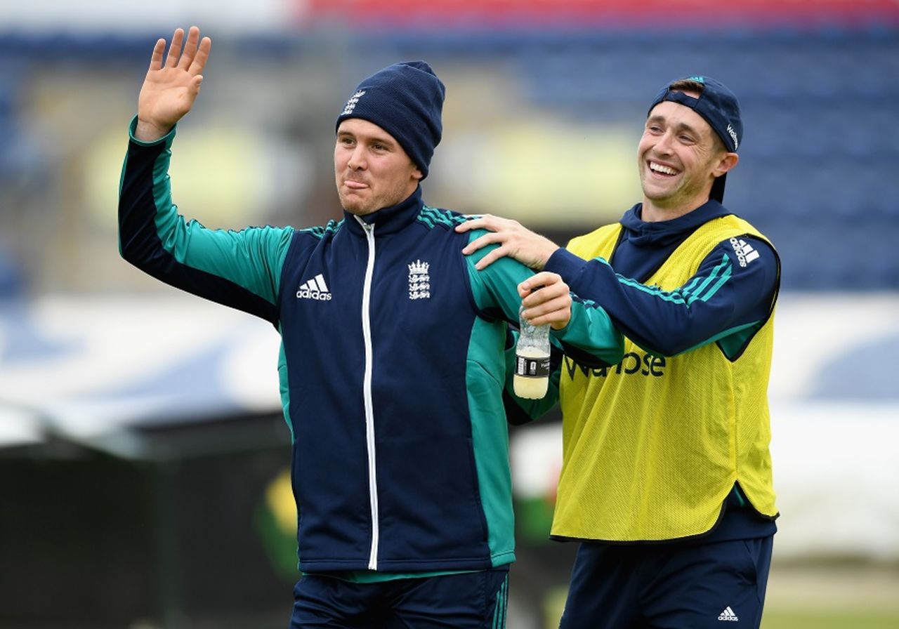 Jason Roy and Chris Woakes share a lighter moment during training, Cardiff, July 1, 2016