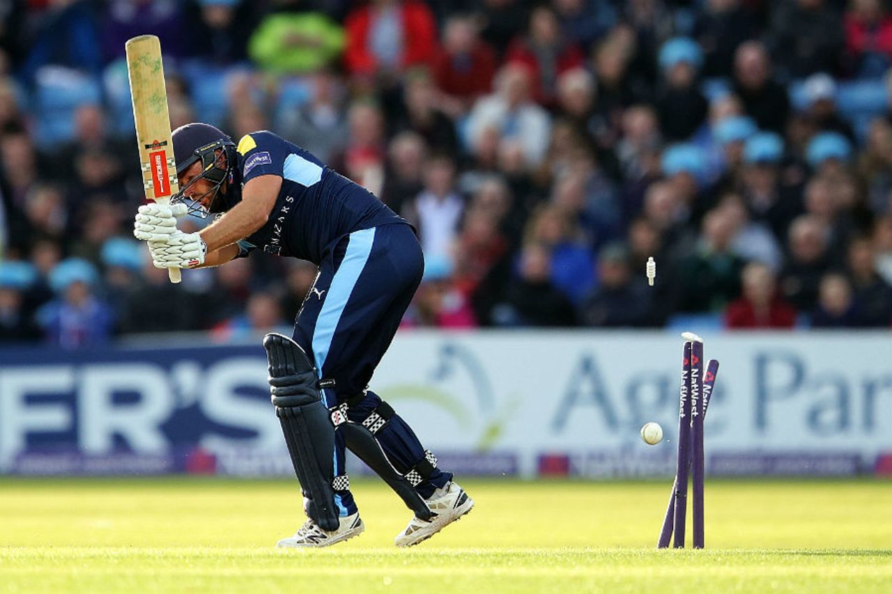 Jack Leaning top-scored for Yorkshire with 29 before being bowled by Jordan Clark, Yorkshire v Lancashire, NatWest T20 Blast, Headingley, July 1, 2016