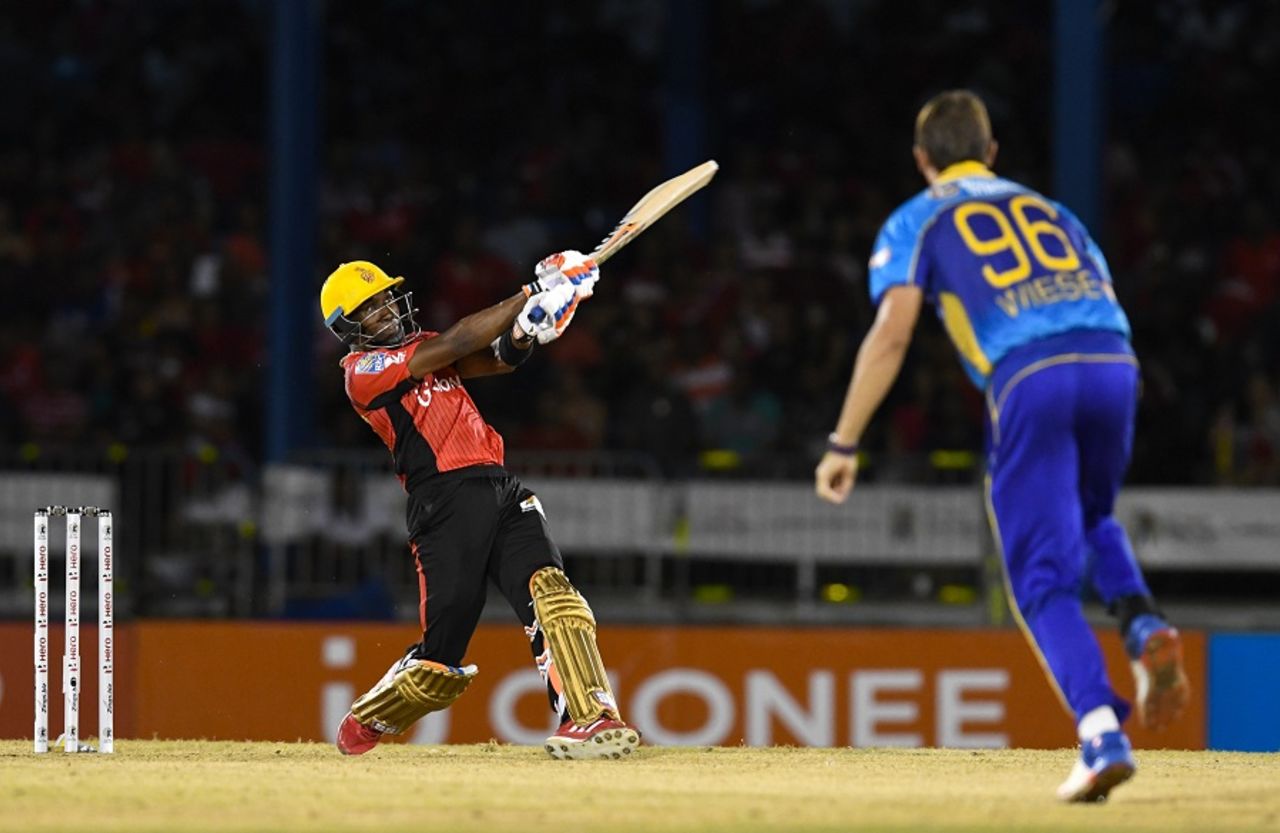 Dwayne Bravo smashes one over the leg side en route to his unbeaten 66, Trinbago Knight Riders v Barbados Tridents, CPL 2016, Port-of-Spain, July 1, 2016 