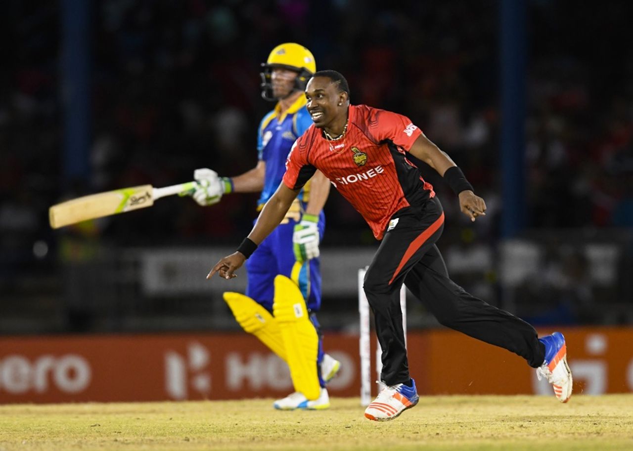 Dwayne Bravo is overjoyed after dismissing AB de Villiers, Trinbago Knight Riders v Barbados Tridents, CPL 2016, Port-of-Spain, July 1, 2016 