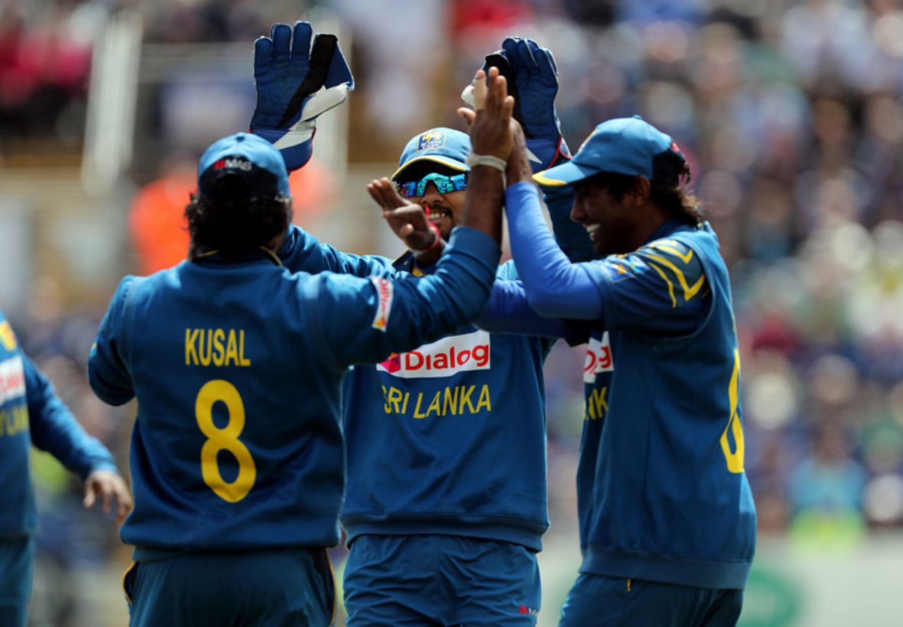 Kusal Perera is congratulated for the catch to remove Jason Roy, England v Sri Lanka, 5th ODI, Cardiff, July 2, 2016