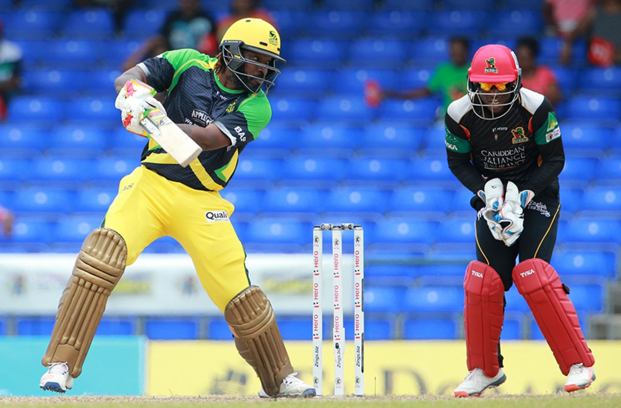 Chris Gayle carves the ball through the off side, St Kitts and Nevis Patriots v Jamaica Tallawahs, CPL 2016, Basseterre, July 2, 2016