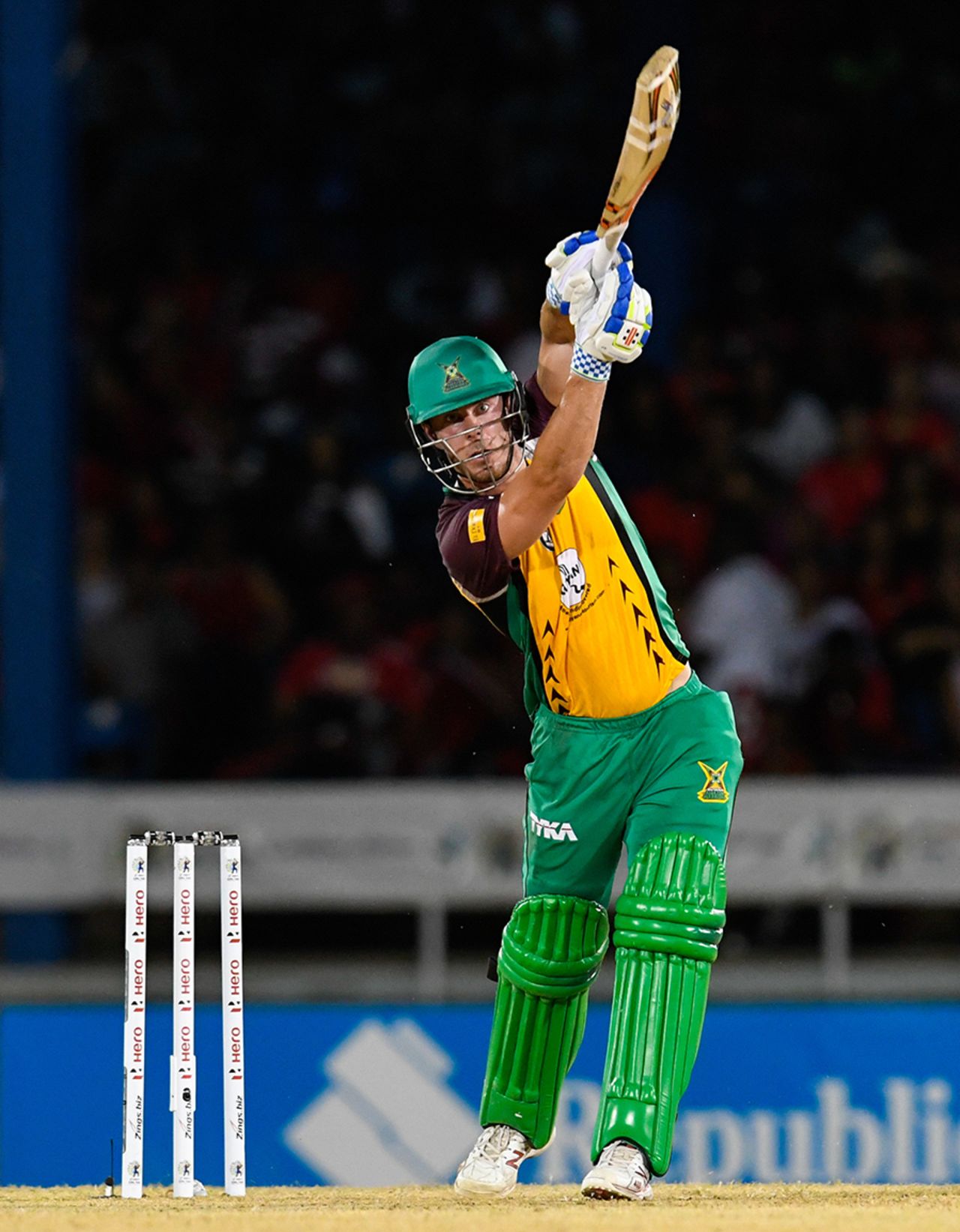 Chris Lynn hits out straight down the ground, Trinbago Knight Riders v Guyana Amazon Warriors, CPL 2016, Port of Spain, July 2, 2016