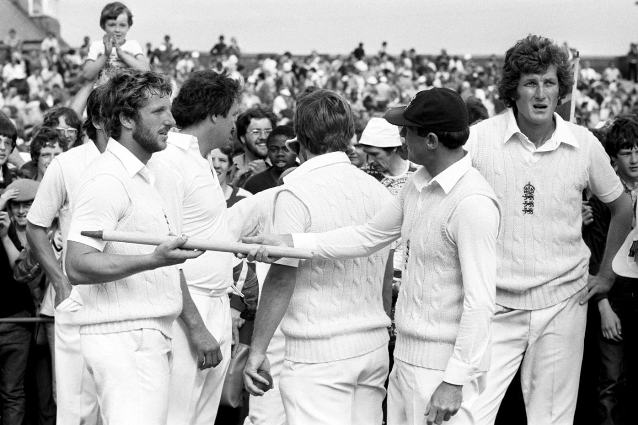 Geoff Boycott hands Ian Botham a stump and a tired Bob Willis waits for the presentation ceremony, England v Australia, 3rd Test, Headingley, 5th day, July 21, 1981