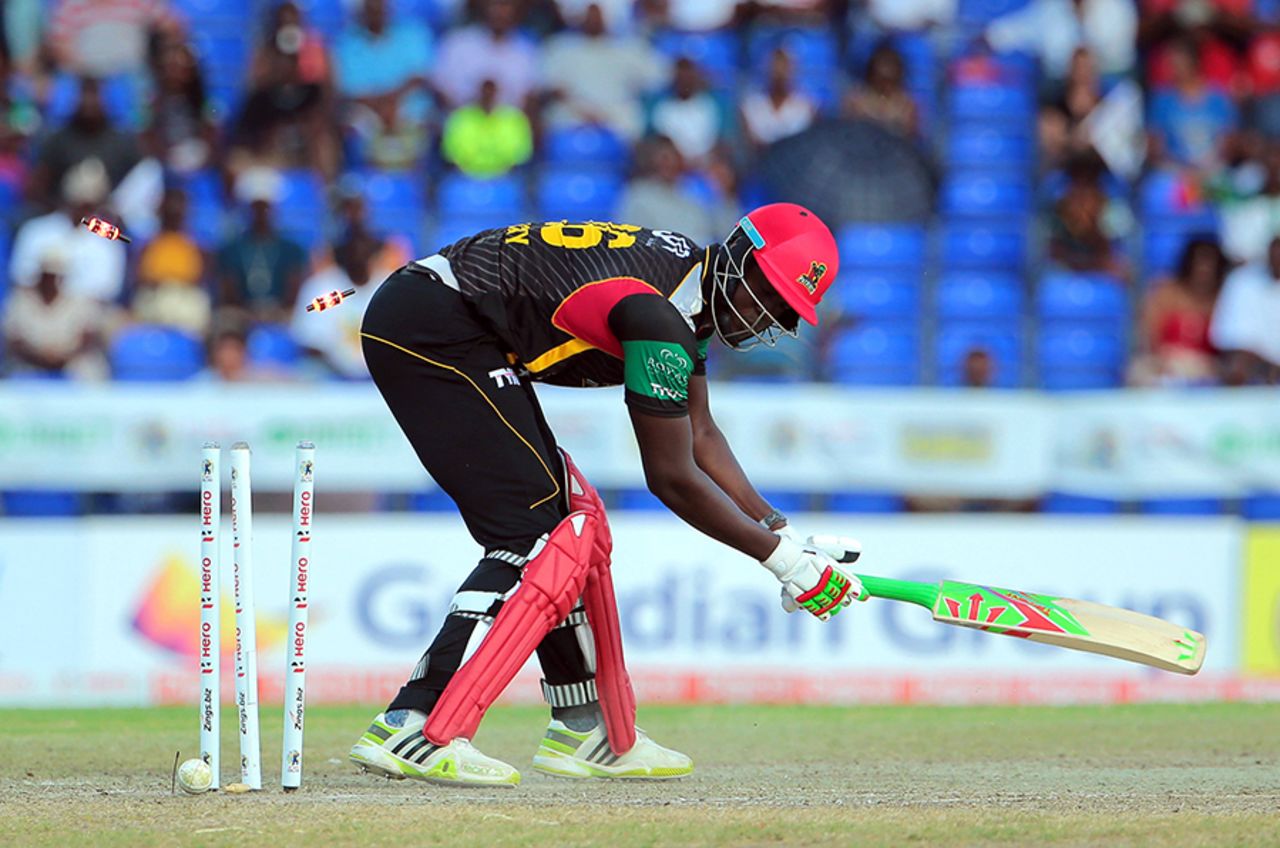 Carlos Brathwaite was bowled for 8, St Kitts and Nevis Patriots v St Lucia Zouks, CPL 2016, July 3, 2016, Basseterre