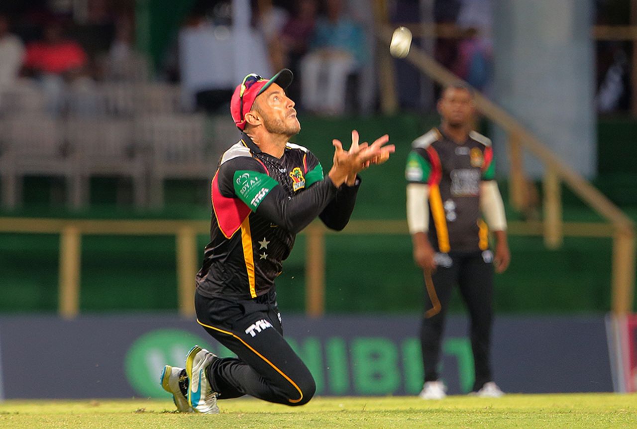 Faf du Plessis gets under a catch to dismiss Andre Fletcher, St Kitts and Nevis Patriots v St Lucia Zouks, CPL 2016, July 3, 2016, Basseterre