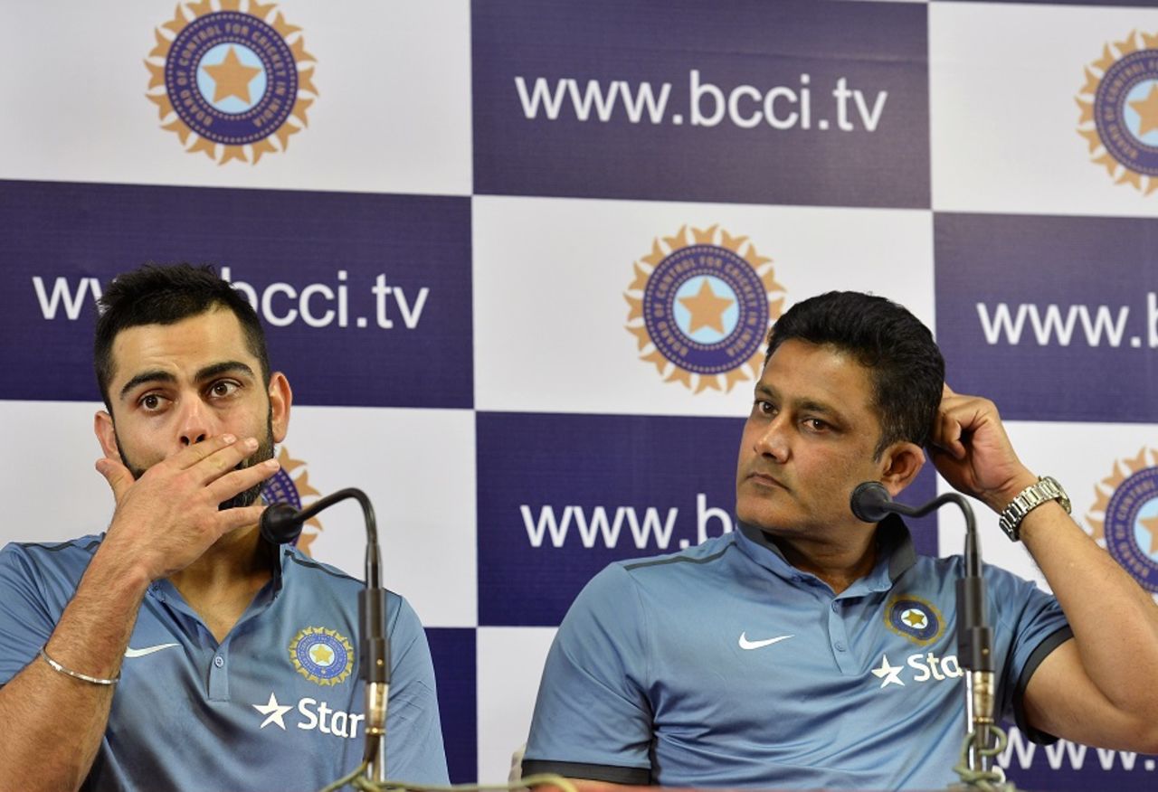 Virat Kohli and Anil Kumble address the media on the final day of the Indian team's preparatory camp at the NCA, Bangalore, July 4, 2016