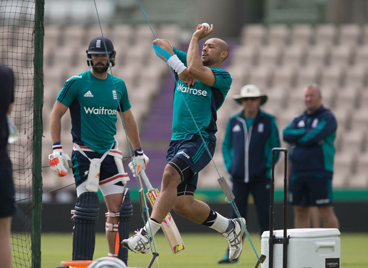 Tymal Mills steams in during a net session, Ageas Bowl, July 4, 2016