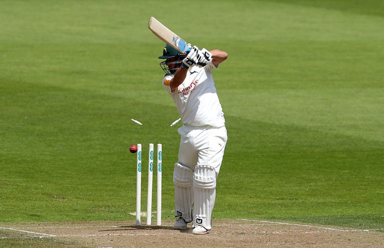 Steven Mullaney was bowled by Kyle Jarvis, Nottinghamshire v Lancashire, County Championship, Division One, Trent Bridge, 2nd day, July 4, 2016