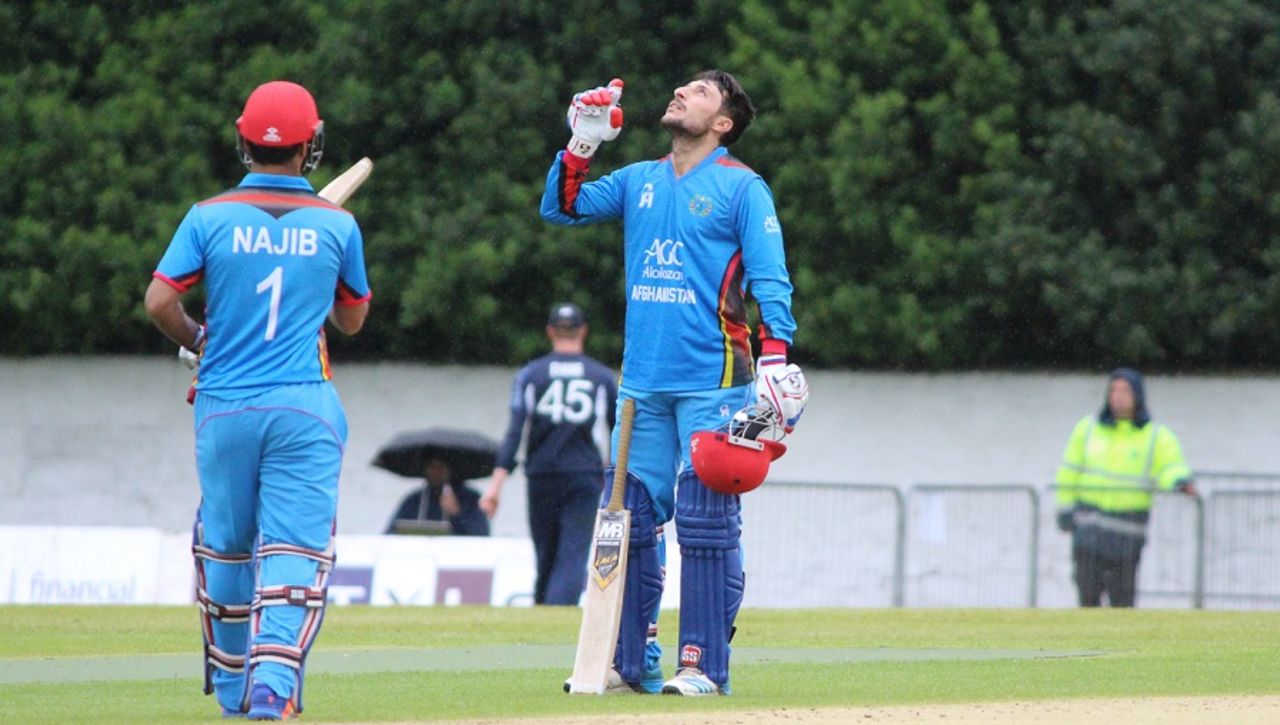 Rahmat Shah points to the sky after scoring a century, Scotland v Afghanistan, 1st ODI, Edinburgh, July 4, 2016