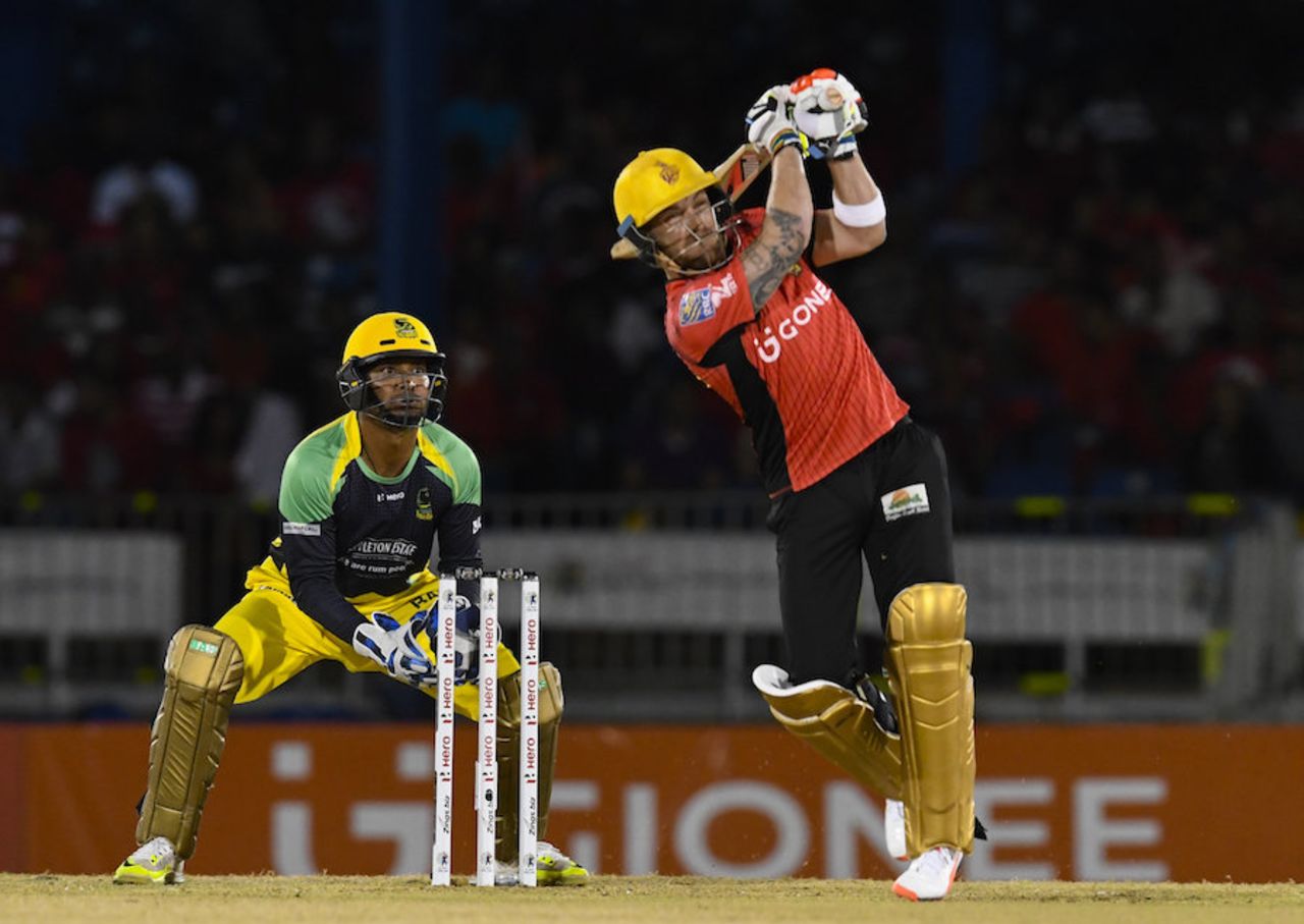 Brendon McCullum smashes the ball down the ground, Trinbago Knight Riders v Jamaica Tallawahs, CPL 2016, Port of Spain, July 4, 2016