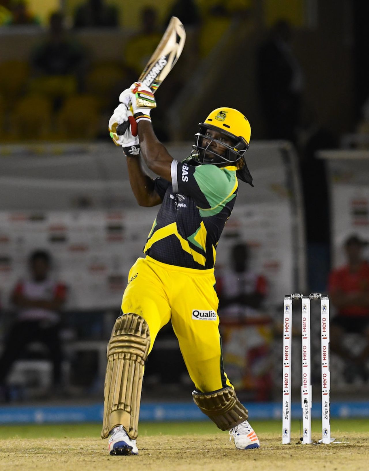 Chris Gayle bludgeons the ball down the ground, Trinbago Knight Riders v Jamaica Tallawahs, CPL 2016, Port of Spain, July 4, 2016