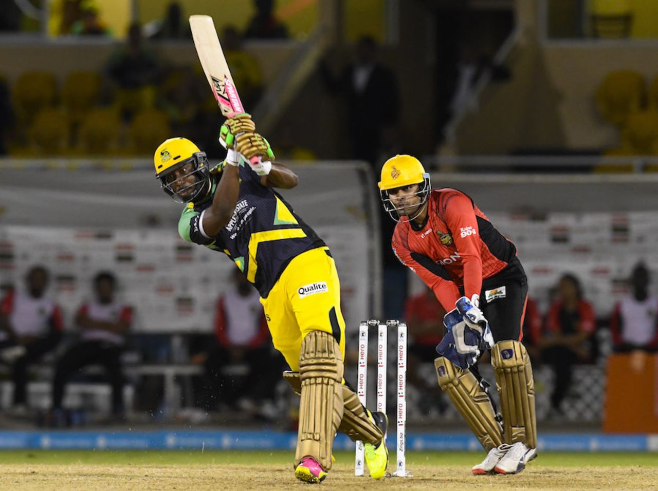 Andre Russell drives down the ground, Trinbago Knight Riders v Jamaica Tallawahs, CPL 2016, Port of Spain, July 4, 2016
