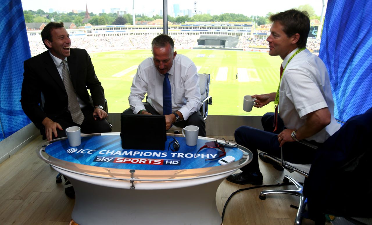 Mike Atherton, Ian Botham and Nick Knight have a laugh in the Sky Sports studio, England v Australia, Group A, Edgbaston, June 8, 2013