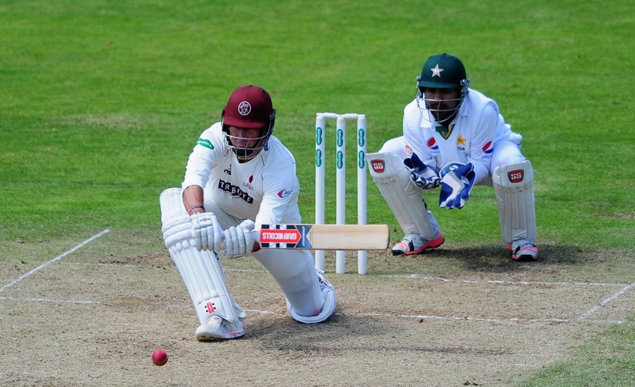 Marcus Trescothick prepares to sweep, Somerset v Pakistanis, Taunton, 3rd day, July 5, 2016