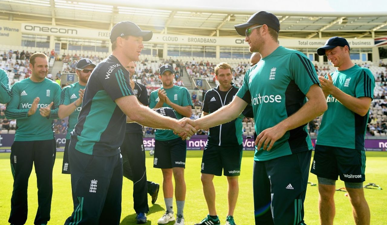 Liam Dawson receives his maiden international cap from Eoin Morgan, England v Sri Lanka, T20I, Southampton, July 5, 2016