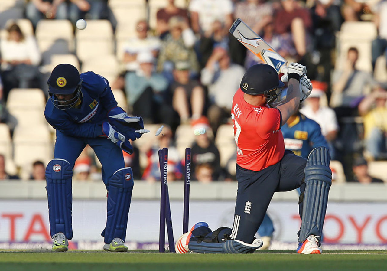 Jason Roy was bowled sweeping at Angelo Mathews in the first over, England v Sri Lanka, only T20I, Southampton, July 5, 2016
