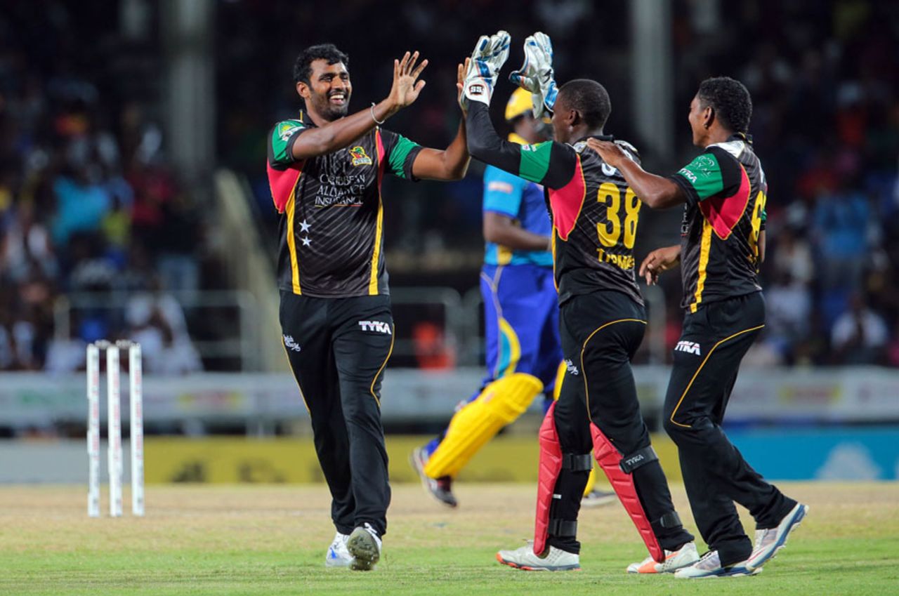 Thisara Perera is all smiles after dismissing Steven Taylor, St Kitts and Nevis Patriots v Barbados Tridents, CPL 2016, Basseterre, July 5, 2016