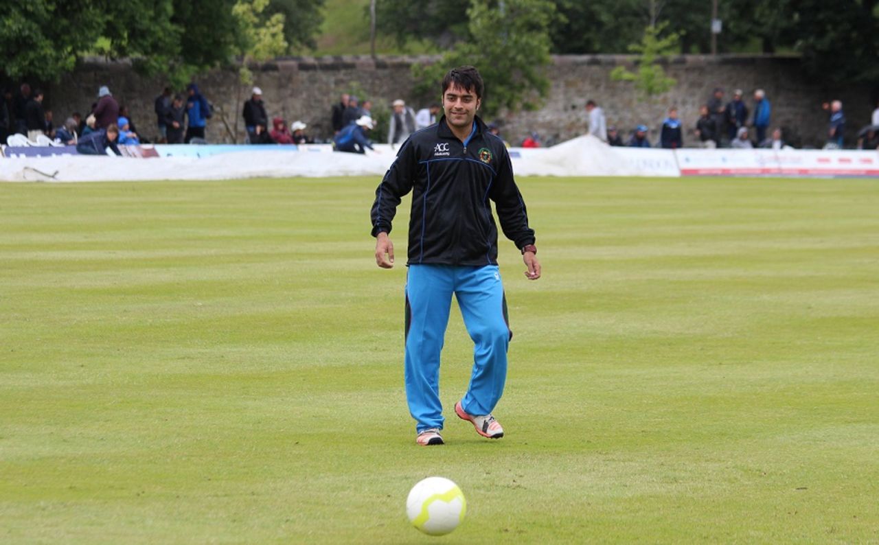 Rashid Khan engages in some football during the rain delay, Scotland v Afghanistan, 2nd ODI, Edinburgh, July 6, 2016