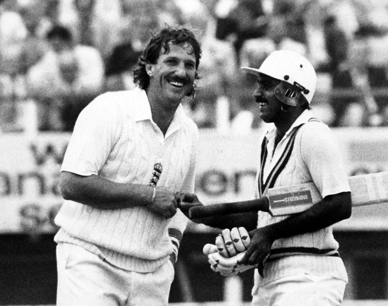 Ian Botham and Javed Miandad share a light moment, England v Pakistan, 4th Test, Edgbaston, July 23, 1987