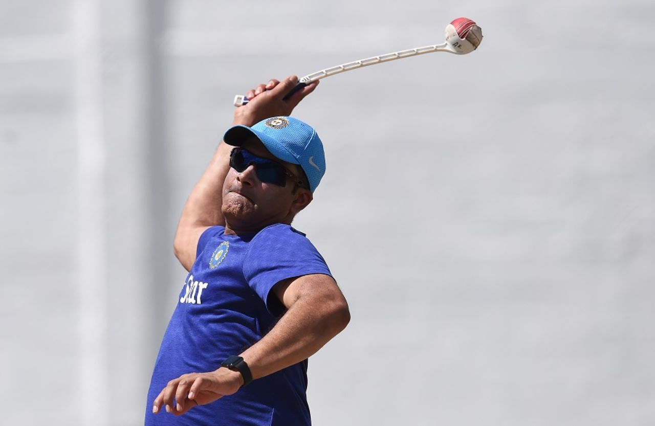 Anil Kumble sends throwdowns using the sidearm during the Indian team's practice session, Basseterre, July 8, 2016